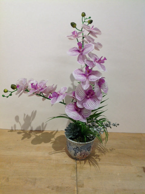 24" Faux Orchids in Decorated Ceramic Vase