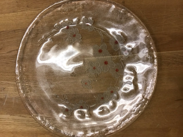 16" Pink Floral Etched Glass Serving Tray