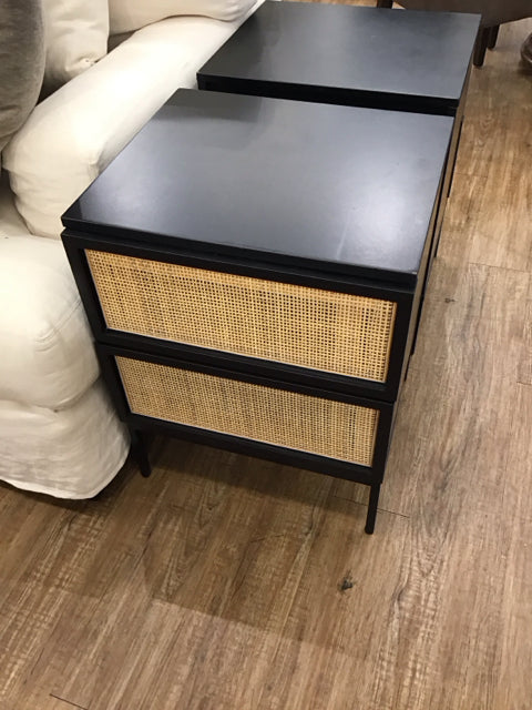 Black Wood Nightstand w/Rattan Drawers