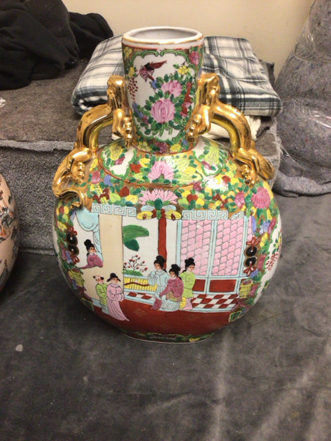 16" Asian Ceramic Vase/Gold Handles