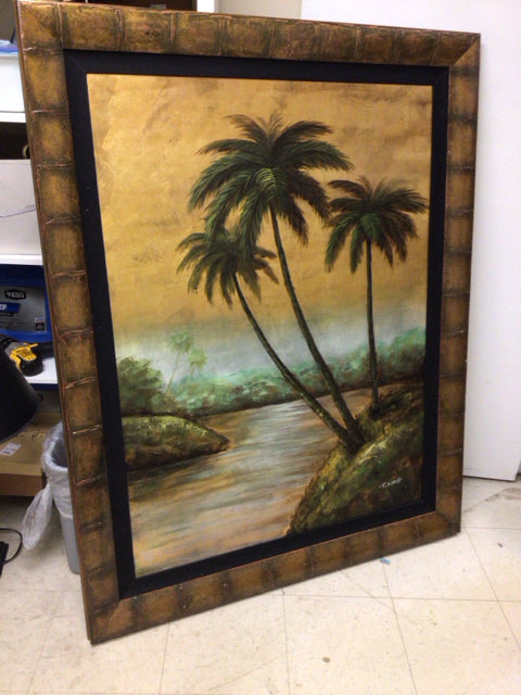 57 1/2" X 46" Gold Framed Palm Trees Oil Painting On Canvas