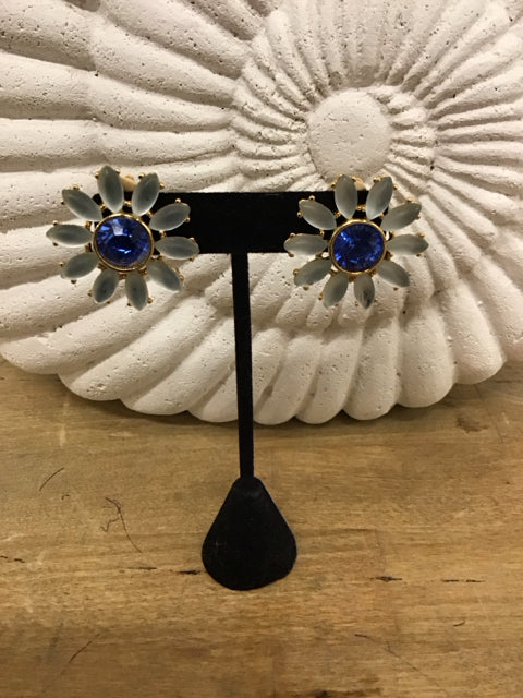 Floral Earrings W/Goldtone & Sapphire Like Center
