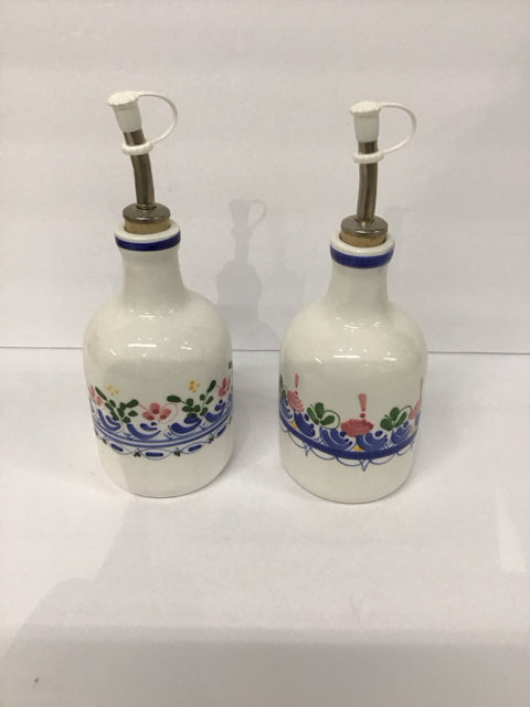Pair Hand Painted Ceramic Oil Cruets
