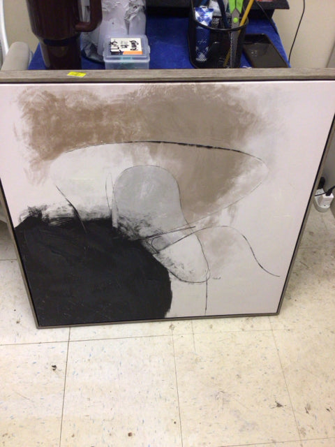 29" Square Wood Framed Beige/Black Abstract Print On Canvas