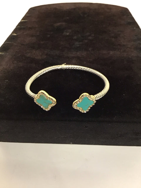 Van Cleef Style Silver Turquoise/Pave Cuff Bracelet