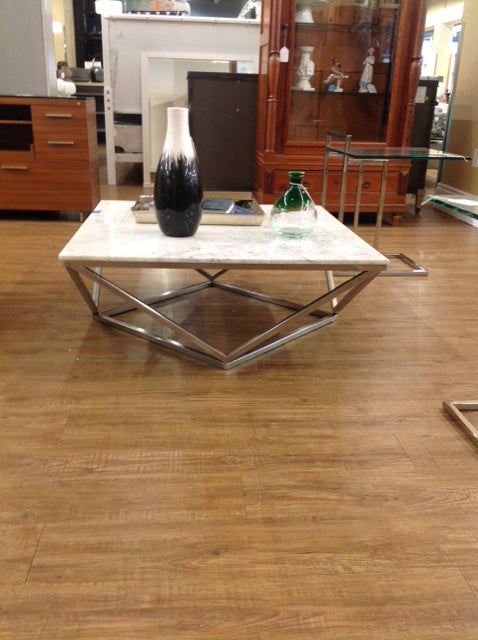 Coffee Table - Marble Top Silver Metal Base