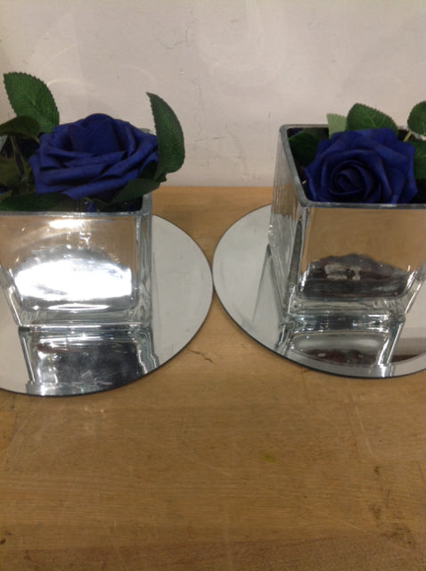 Set Of 2 Blue Rose Flower Mirror Tray