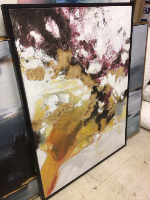 36" X 48" Burgandy/Gold Framed Abstract Print On Canvas