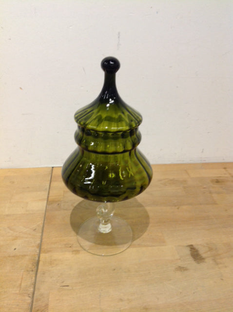 14" Footed Green Glass Jar