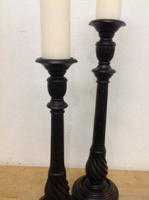 Candle Holders - Pair Of Brozne Resin W Candles