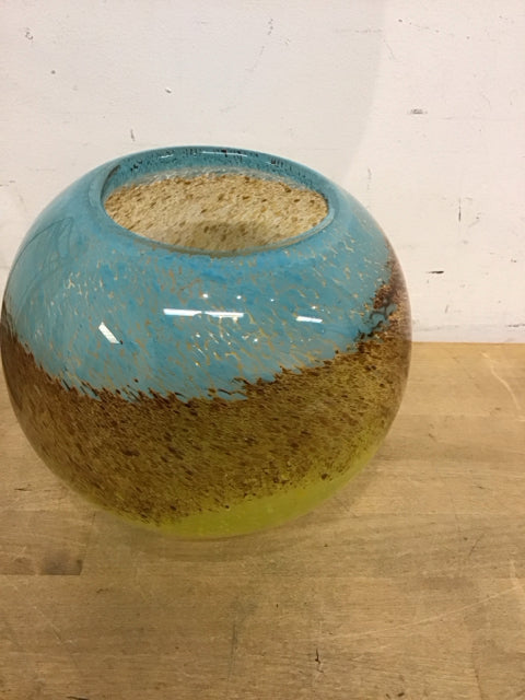 8" Aqua Brown Yellow Glass Vase