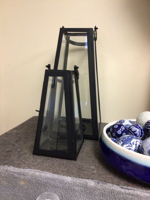 Pair Of Black Metal & Glass Lanterns