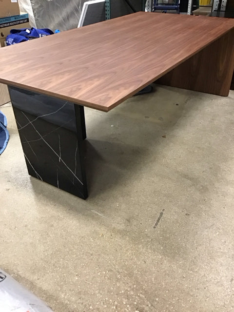 88"x43"x30" Walnut Wood W/Black Marble Waterfall Desk W/File Cabinet