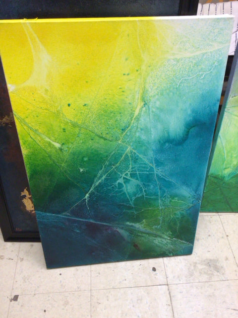 24" X 36" Green/Yellow Abstract Oil Painting On Canvas