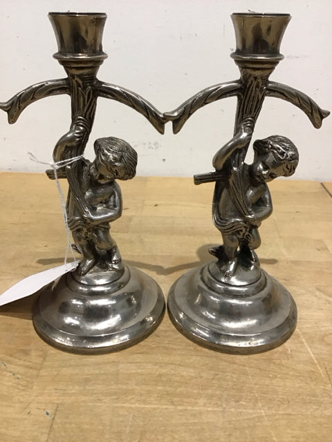 Pair Of 8" Vintage Silve Cherub Candle Holders