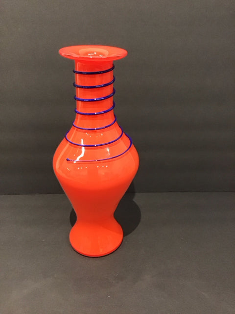 12" Art Deco Red Glass Vase w/Dark Swirl