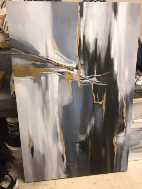 38 1/8" X 58" Blue/Black/Gold Abstract Print On Canvas