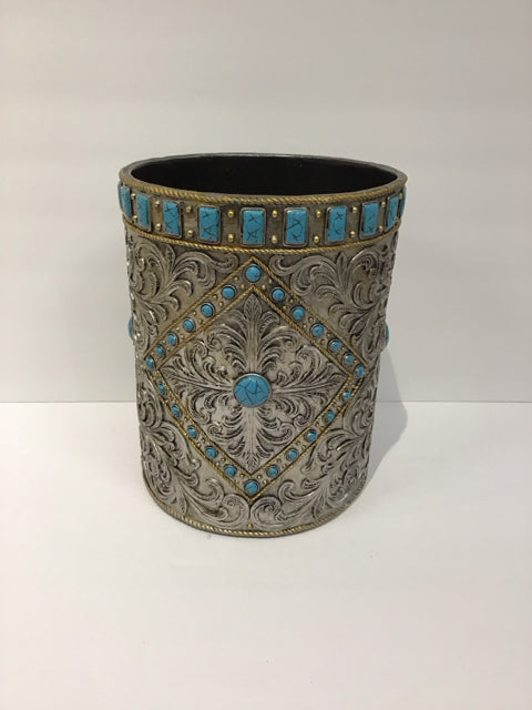 9" Silver Waste Basket w/Turquoise Decor