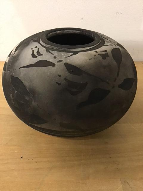 5" Black Floral Raku Vase