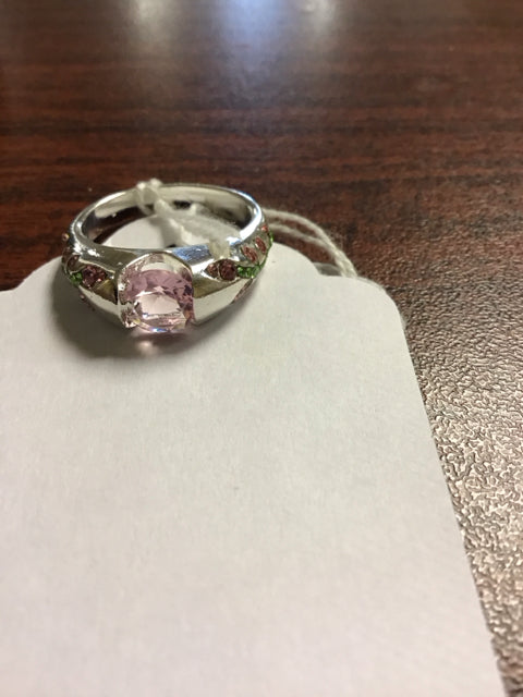 Silvertone W/Pink & Green Stone Ring