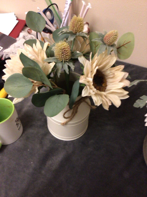 Faux Sun Flowers In Cream Pot