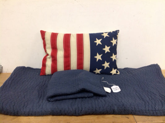 3 pc Queen Pottery Barn Blue Quilt w/1 Sham/ Flag Lumbar pillow