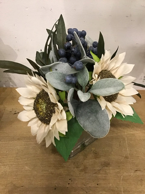 8" Faux Sunflower Blue Berries Arrangement In Glass Vase