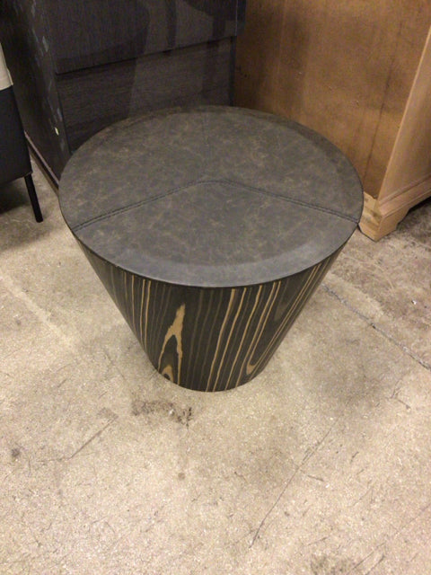 23 3/4" Tiger Stripe Round Leather Top Wood Drum End Table