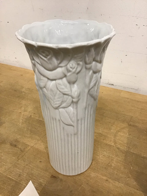 10" White Floral Ceramic Vase