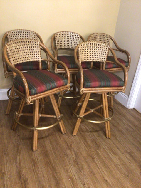Set Of 5 Mcguire Woven Back Swivel Arm Bar Stools