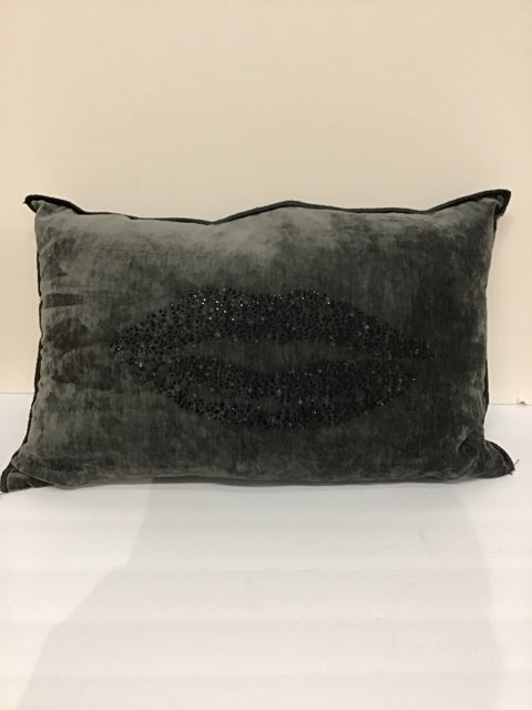 Grey Lumbar Pillow w/Black Beaded Design
