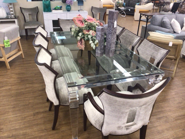 Set Of 10 E.J Victor Grey Fabric/Dark Wood Dining Chairs