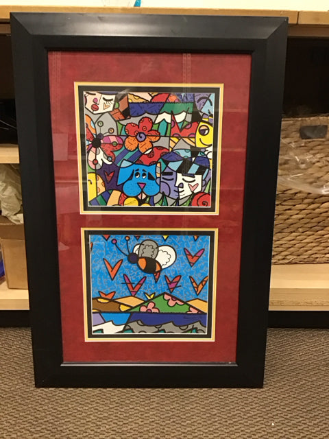 23x36 Framed Double Print Signed Britto w/Blue Dog Flying Bee