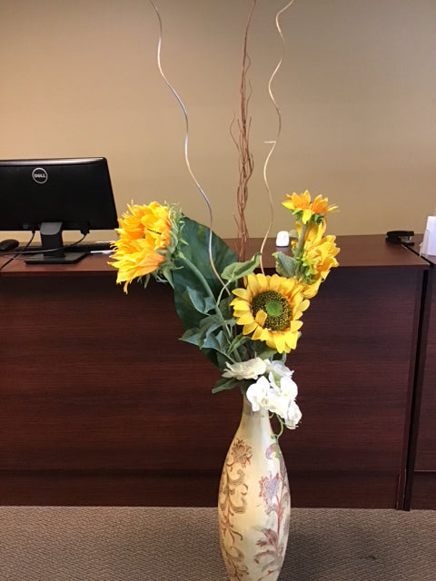 Faux Sunflowers & White Orchid In 29" Yellow Floral Metal Vase