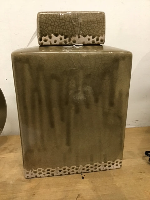 16.5" Three Hands Beige Crackle Ceramic Lidded Jar