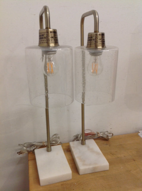 22" Pair Of Glass & Metal Marble Lamps