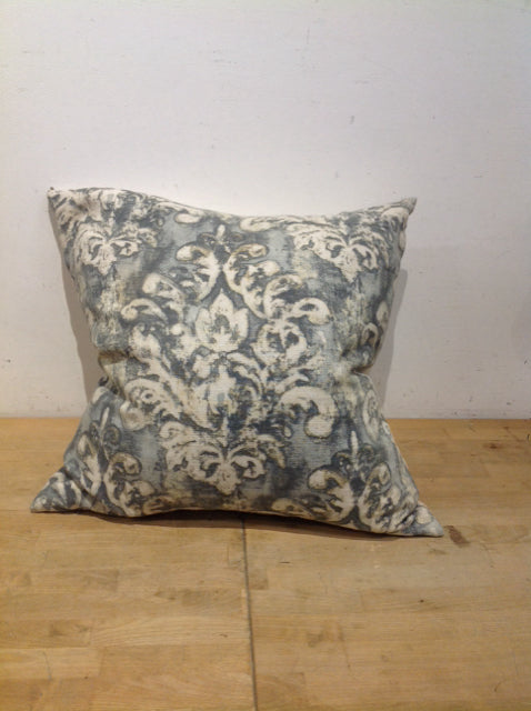 23" Blue & Ivory Damask Linen Pillow AS IS
