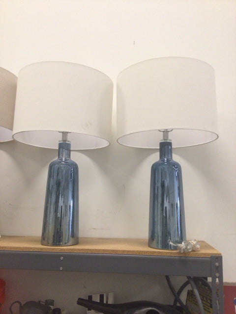 28" Pair Of Simon Blake Blue Glass Table Lamps W/Shades