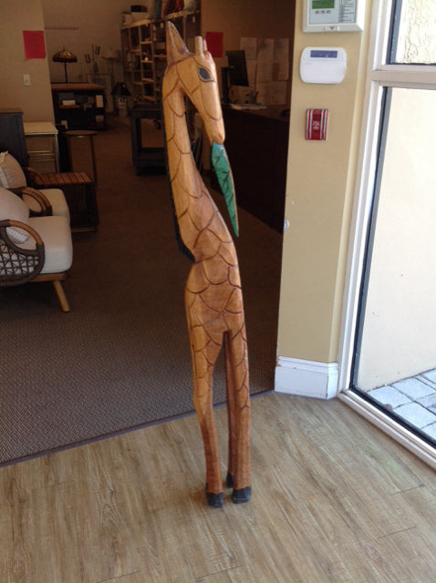 5' Wood Carved Giraffe Eating Green Leaf