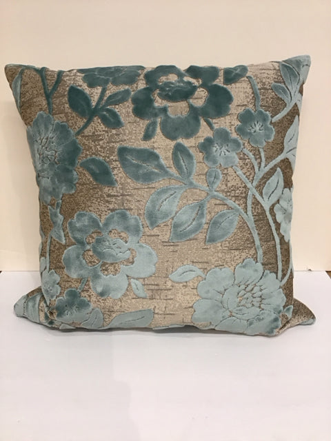 Grey Pillow w/Teal Chenille Floral Design