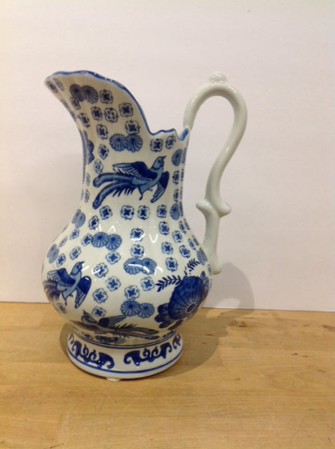 10" Blue/White Painted Ceramic Pitcher