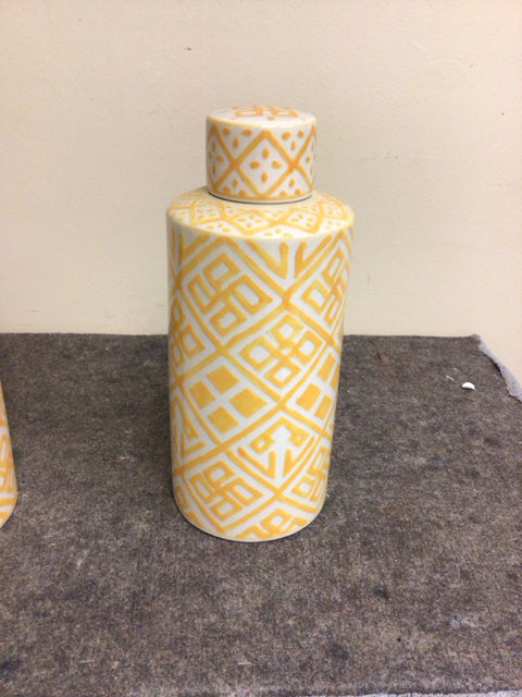 14" Cream/Orange Pattern Ceramic Jar W/Lid