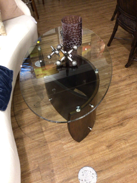 Havertys Furniture Oval Glass & Wood Coffee Table