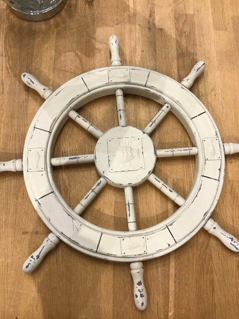 25" Distressed Cream Wooden Ships Wheel