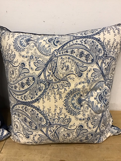 22" Ivory & Blue Paisley/Royal Blue Linen Pillow Down Filled