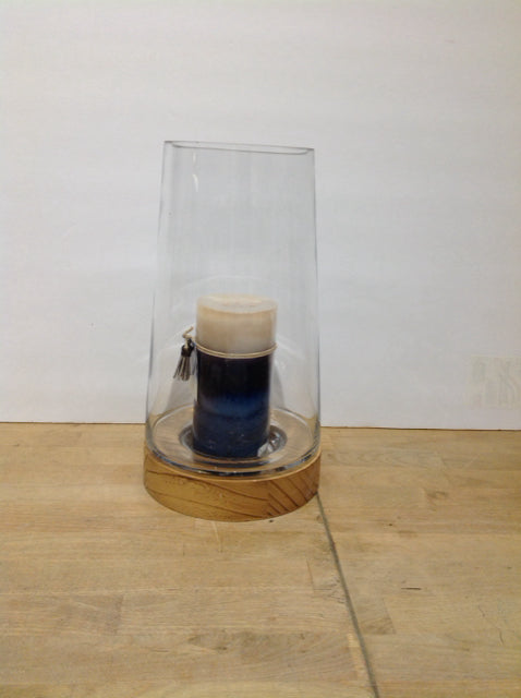 Glass Candle Holder w/Wood Base & Candle