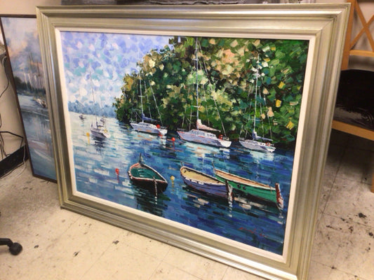 56 3/8" X 44 1/2" Siilver Framed Textured Sailboat Print On Canvas