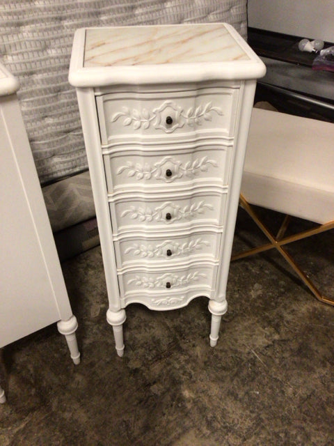 Marble Top Painted White Five Drawer End Table