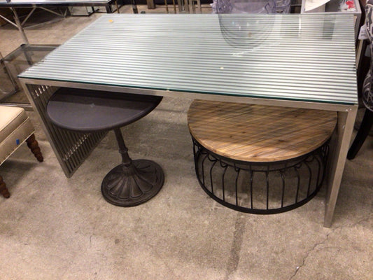 Chrome Slatted Base Glass Top Dining Table