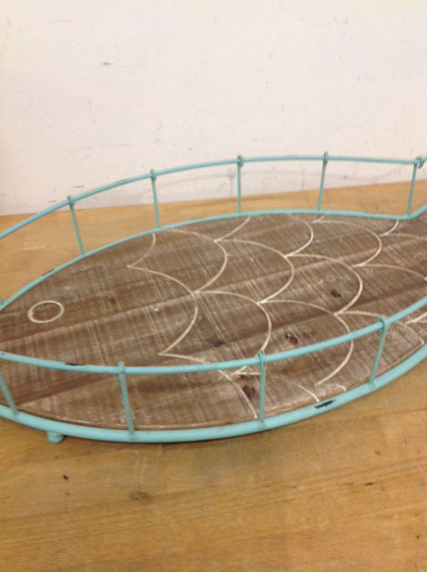 Tray- 24" Aqua Metal & Wood Fish